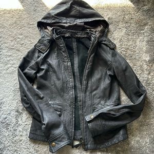 Dark grey REAL leather Joie jacket w/ detachable hood